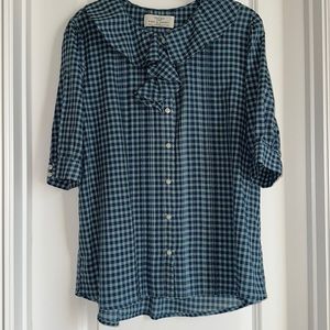 TROVATA Birds of Paradise Ruffled Shirt in Blue Plaid - Size Large